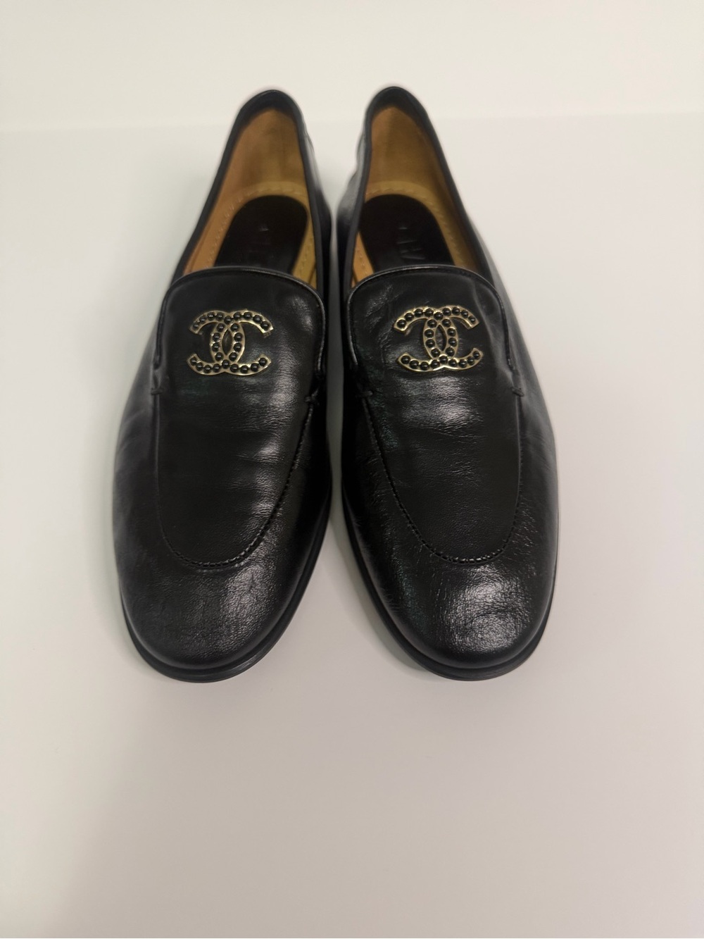 Chanel Black Leather Loafers with Gold CC Logo - Women’s Size 7